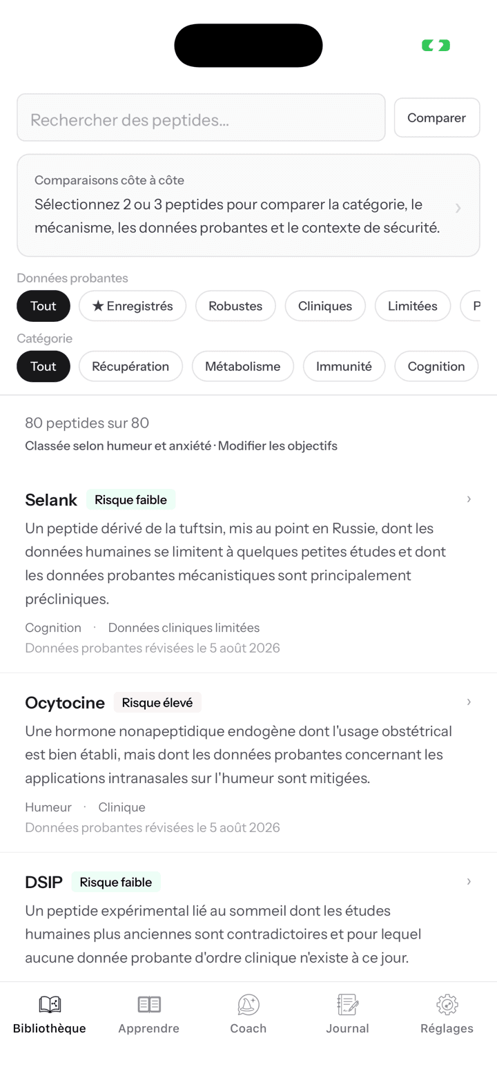 Bibliothèque iOS de Peptidia présentant des profils de peptides avec leurs sources