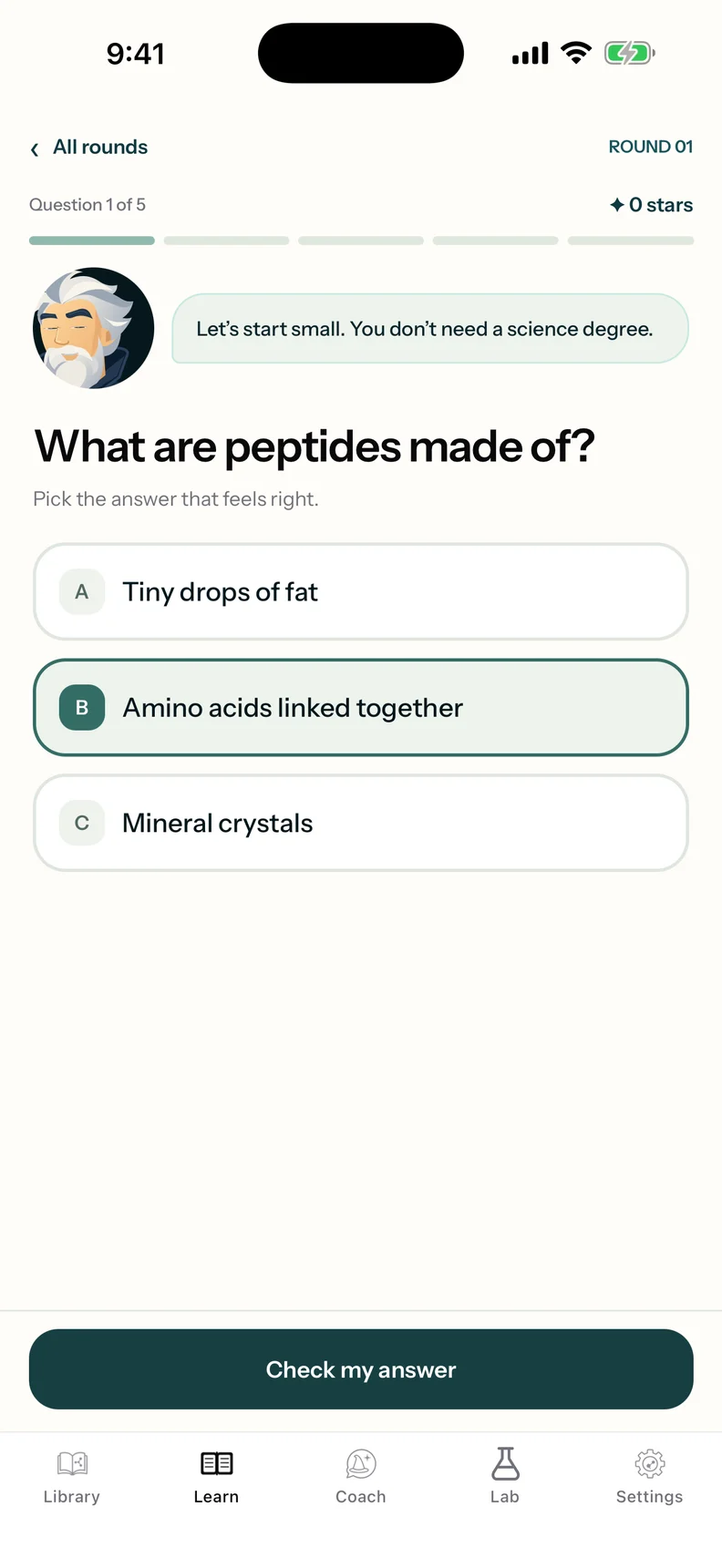 Peptarch quiz with an amino-acid question and an answer selected.