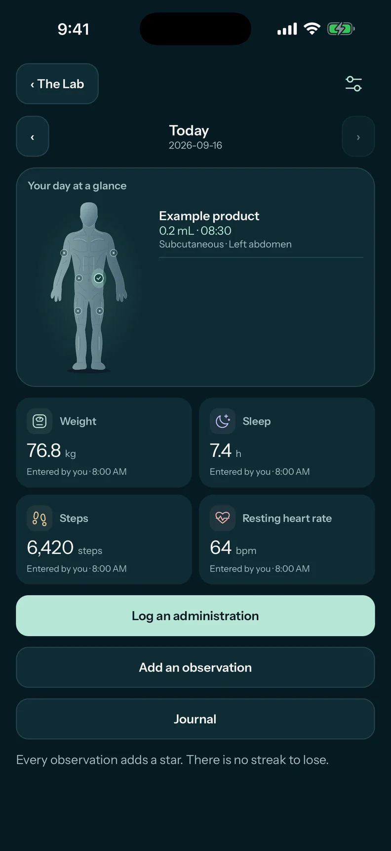 Today view with an anatomy map, an example record, weight, sleep, steps, and resting heart rate.