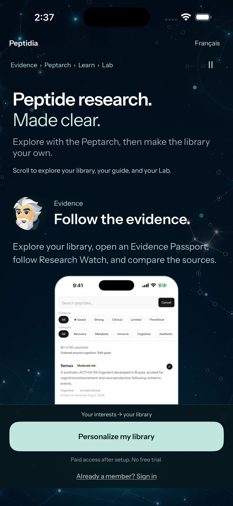 V1.5 welcome showing the Peptarch and a real library preview.